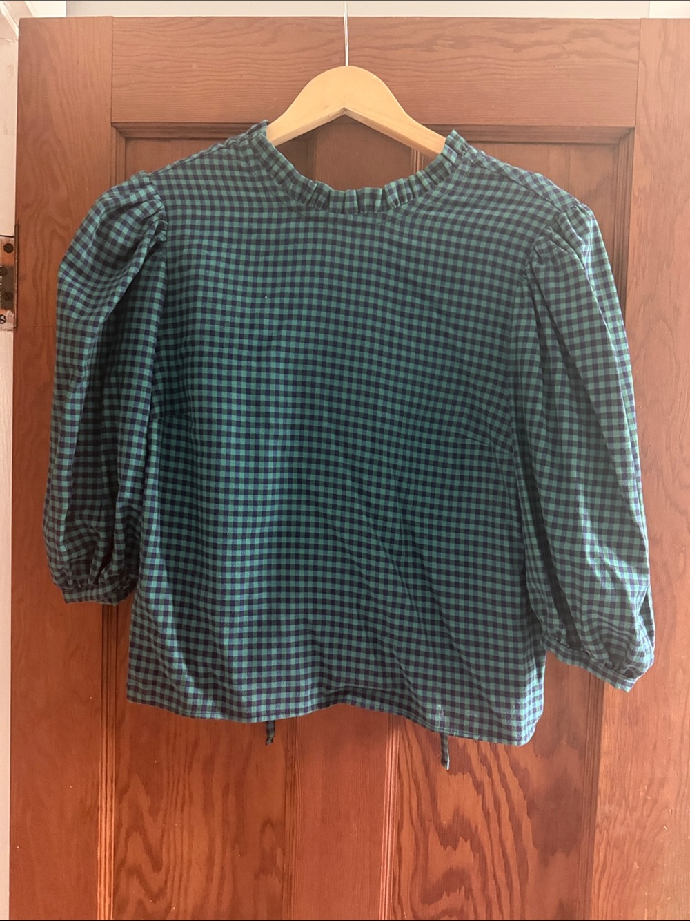 Green Gingham Puff-Sleeve Blouse with Ruffle Neck